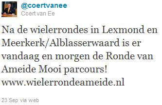 Tweet burgemeester Zederik, hij blikt vooruit op mooie Wielerronde in Ameide.