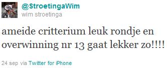 Tweet Wim Stroetinga na zijn winst bij de Elite / Beloften in de Wielerronde van Ameide 2011